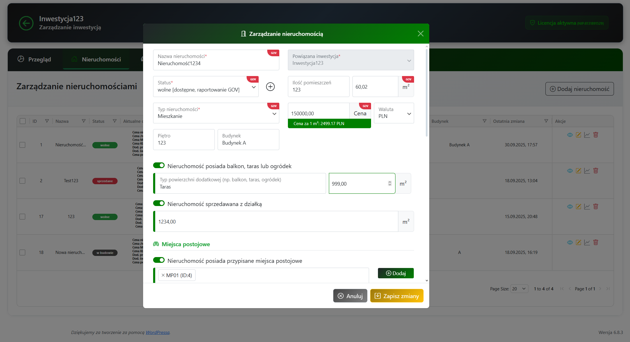 Zarządzanie sprzedażą nieruchomości - edycja szczegółów - wtyczka do CMS WordPress dla agencji reklamowych - strony internetowe dla deweloperów