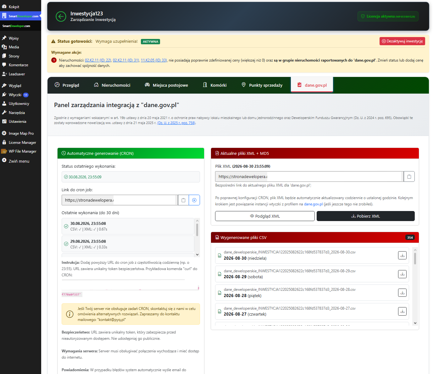 SmartDeweloper.com - widok eksportu raportu dobowego cen lokali - nieruchomości - aplikacja dla firmy deweloperskiej